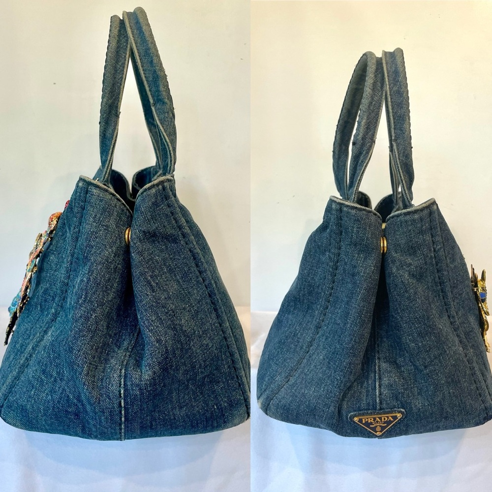 Prada Denim Canapa pre-owned tote embellished w/13 exotic animal brooches, L - Picture 9 of 16